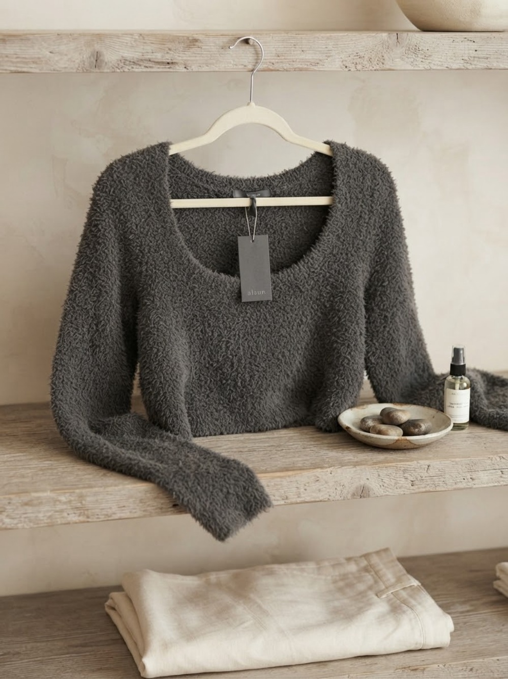 SKIMS Scoop-Neck Fuzzy Knit Crop Sweater - Charcoal Gray